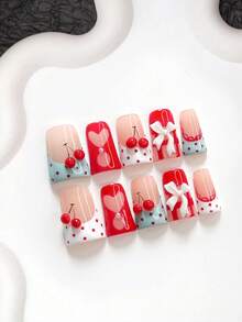 10pcs Sweet Girl Style Handmade Press-On Nails, Polygel Nail Art Set, Bow & Cherry Elements, Red & Blue Nail Colors, Elegant Style, Includes Nail Tools, 3 Sizes Available, Almond/Duck/Coffin Shape, Suitable For Party, Dancing, Daily Wear - Multicolor - View 2