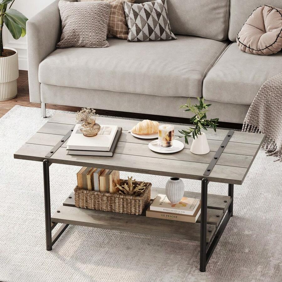 Hodeffior Industrial Coffee Table With 2 Tier Storage Shelf, Rustic Farmhouse Centre Table With Wood Slat Top And Metal Frame, Living Room Coffee Table For Lounge, Flat, Office Or Reception Area - Grey - View 1