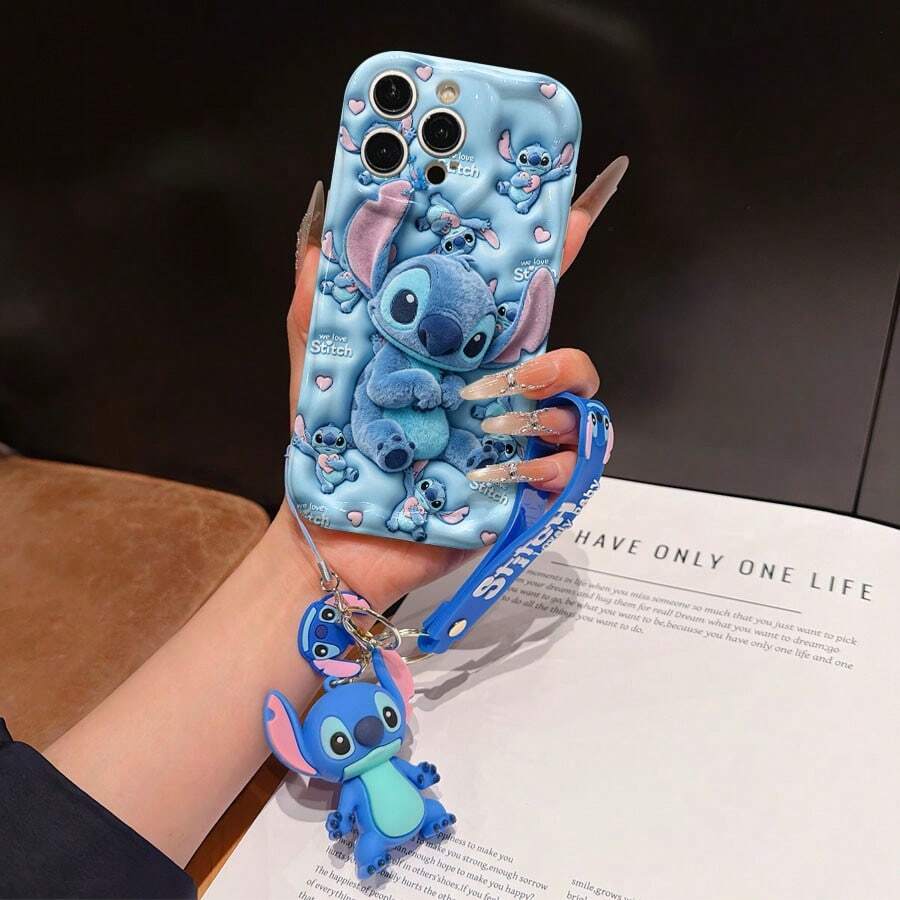 Disney Lilo And Stitch Phone Case : 3D Fluffy Pattern Border Protector Phone Soft Phone Case With A Free Cute Stitch Bracelet Chain Lanyard, Stitch, Lilo, Angel, For Apple 17 Promax 17 Pro 16 15 14 13 12 11 Pro Max XS Max X XR Soft Cover Summer Phone Case - 白色 - 查看 1