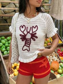Women's Cute Lobster Embroidered Openwork Knit Ruffle Top, Casual Sexy Vacation Sweater, Ruffled Raglan Sleeve, Lobster Embroidery, Spring/Summer Beach White - White - View 2