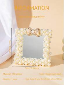 1pc Vintage Pearl Crystal Bow Desktop Makeup Mirror, Cute Heart/Round/Square Desktop Makeup Mirror, Suitable For Bedroom Vanity And Dorm Decor, Ideal Gift For Women - Beige - View 10