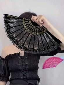 1pc Vintage French Lace Tassel Folding Hand Fan, Suitable For Year-Round Carry, Perfect For Weddings, Dances, Festivals - Multicolor - View 2