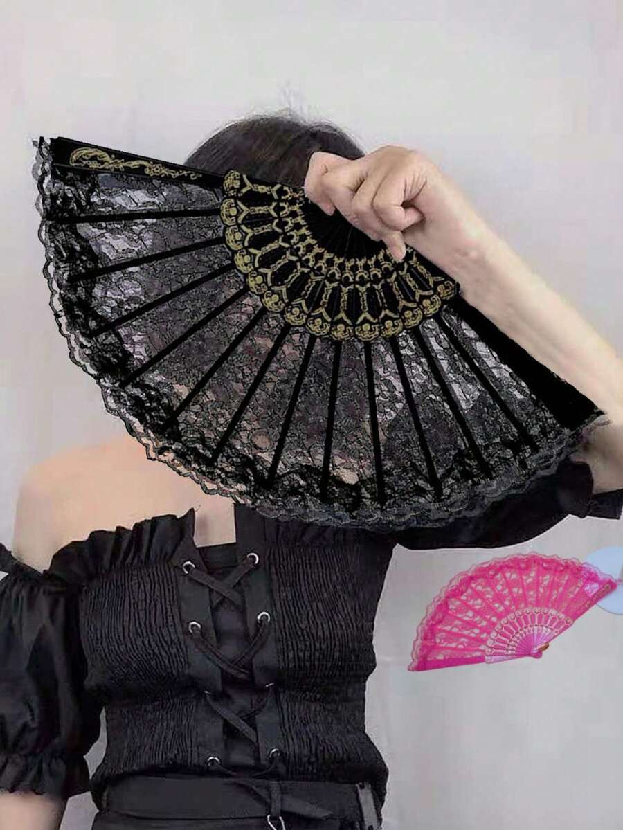 1pc Vintage French Lace Tassel Folding Hand Fan, Suitable For Year-Round Carry, Perfect For Weddings, Dances, Festivals