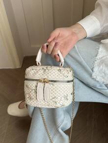 Gentle Floral Embroidery Lace Mini Box Bag, Handheld Double Zipper Gold Chain Crossbody Makeup Pouch - White - View 7