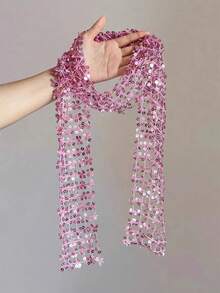 1pc Pink Sequin Floral Lace Scarf Necklace, Long Tassel Neck Scarf, Shiny Bohemian Style Women's Neck Accessory, Suitable For Party, Wedding And Daily Wear - Pink - View 4