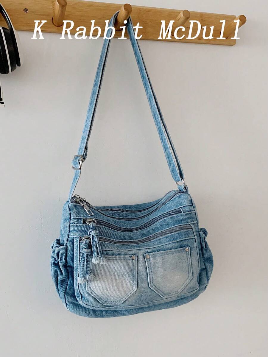 Casual Chic Soft Jeans Multi-Layer Crossbody Bag With Multiple Pockets, Versatile Commuter Large Capacity Women's Shoulder Bag, Great For Commuting - Blue - View 1