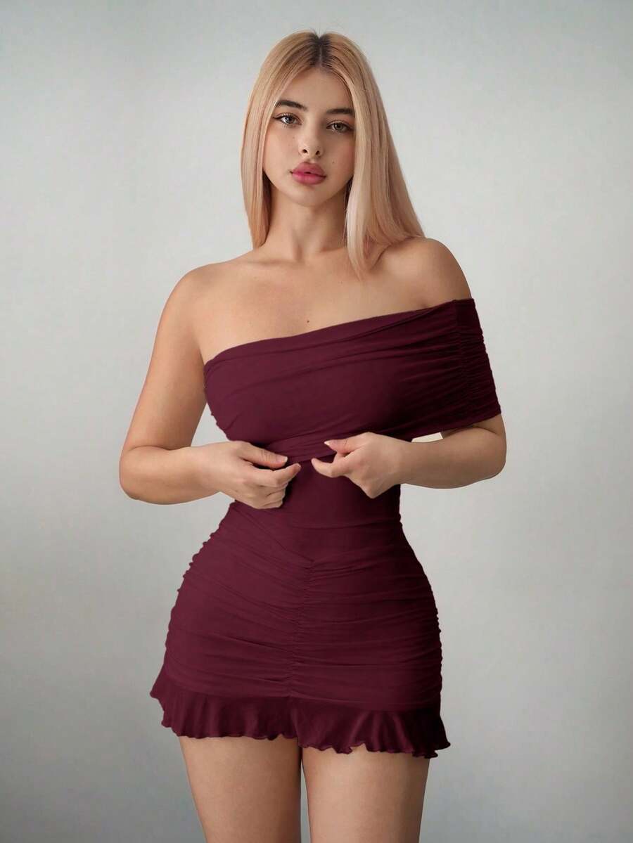 Asymmetrical Fitted Mini Dress With Off-The-Shoulder Mesh - Army Green - View 1