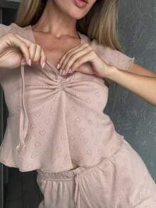 Elegant Pleated V-Neck Heart Hollow Out Short Sleeve Shorts Pajama Set For Women - Baby Pink - View 3