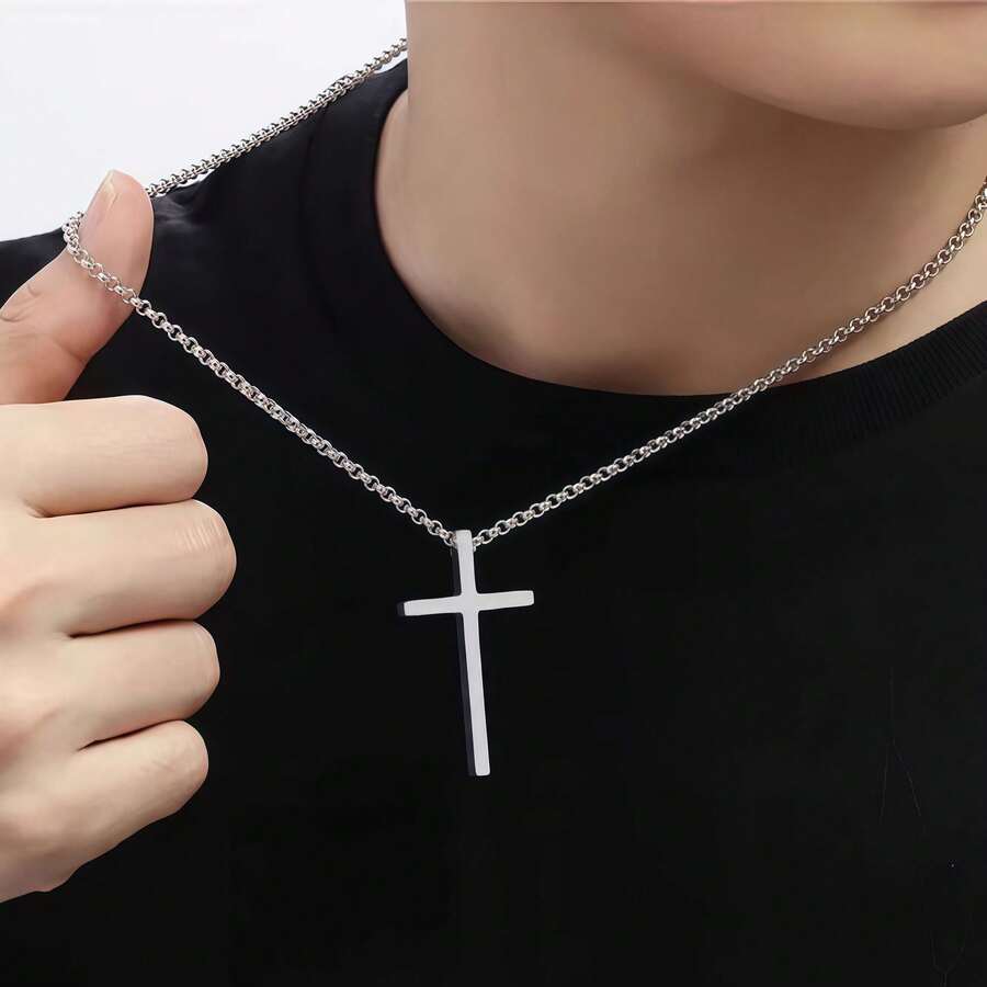 1PC Gold & Silver Polished Cross Necklace, Summer Long-Wear Sweat-Resistant Non-Fading Hypoallergenic, Effective Neckline Enhancement For Slimmer Face, Suitable For Beach Vacation / Street Style / Commute Business All-Scenario, Father's Day, Birthday, Graduation Season Gift Choice For Men & Women Couples - Multicolor - View 1