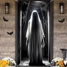 1pc Scary Ghost Halloween Door Decor, Polyester Material, Creates Eerie And Spooky Atmosphere, Size 35.4in*70.8in, Suitable For Bedroom, Living Room, Bathroom, Kitchen Door Decoration, Also Suitable For Home, Office, Bathroom Party, Halloween Decoration, Holiday Party Decoration - A - View 3