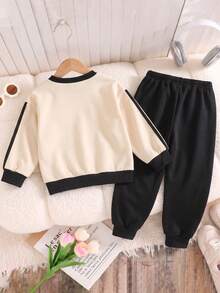 Girls' Spring/Autumn Casual Minimalist Bow Graphic Print Apricot Long Sleeve Sweatshirt And Bow Black Sweatpants 2-Piece Set - Apricot - View 2