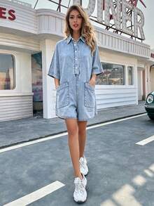 HAPPY GIRL#春夏百搭時尚套裝 節慶校園日常旅行機場穿搭 女款舒適通勤水洗牛仔前扣連身褲 - 藍色 - 查看 1