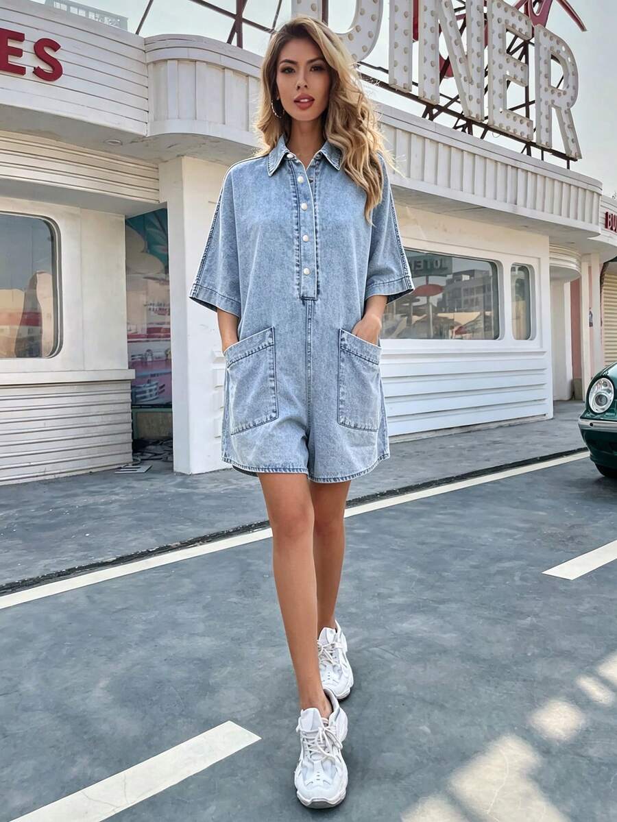 HAPPY GIRL#春夏百搭時尚套裝 節慶校園日常旅行機場穿搭 女款舒適通勤水洗牛仔前扣連身褲 - 藍色 - 查看 1