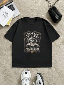 T-shirt ho m me en coton premium avec motif de crâne de pirate vintage, style streetwear hip-hop, confortable, durable, impression à fort impact. - Noir - Voir 2