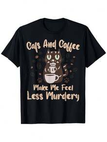 Camiseta "Gatos y caf← me hacen sentir s como asesino, drtido gato e" _0082 Perfectara exteriores, fiestas o regalos, colores brillantes y estilo moderno, camiseta negrura... - Negro - Ver 2