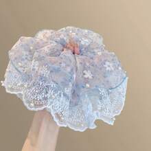 1pc Mint Summer~Summer Mesh Double Layer Lace Pearl Scrunchie Women's Ethereal Floral Travel Hair Accessory Ponytail Hair Ties Elastics Rubber Bands - Multicolor - View 8