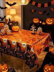 Mantel decorativo de Halloween, con huellas de manos ensangrentadas, telarañas, calabazas, patrones de calaveras, adecuado para decoración de fiestas de miedo, bromas, decoraciones de Halloween, montaje de escenas de Halloween, decoración del hogar de Halloween, decoración de casas embrujadas, creación de atmósfera de eventos de Halloween, suministros decorativos perfectos para Halloween - Talla única - Ver 2