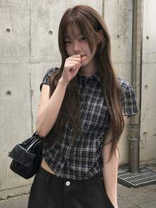 Women's Summer Design Plaid Versatile Casual Shirt - Black and White - View 7