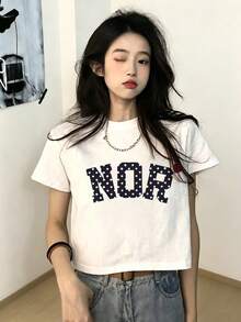 女款休閒圓領短袖T恤，波點、字母與愛心印花，通勤百搭，春夏季白色 - 白色 - 查看 3