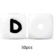 50顆 12mm 矽膠白色底黑色字母珠 DIY 鑰匙圈穿孔珠，週年紀念禮物製作姓名字母珠 - 黑與白 - 查看 28