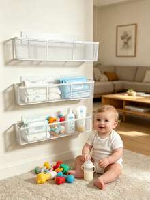 1/2/3pcs No Drill Compartment Nursery Wall Storage Basket, Adhesive Baby Organizer Rack, Wall Mount Caddy For Infant Toys Bottles Skincare Supplies - Multicolor - View 1