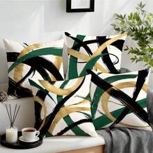 4pcs Dark Green Gold Foil Abstract Geometric Pattern Single-Sided Printed Throw Pillow Covers/Cushion Covers, Multi-Scene Atmosphere Decorative Pillow Covers Suitable For Living Room Sofa Bedroom, Pillow Inserts Not Included, 40x40cm/45x45cm/50x50cm - Multicolor - View 2