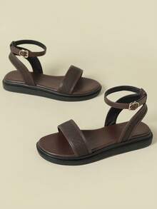 Sandalias de mujer con hebilla y correa, suela gruesa, tacón bajo, color block fresco, estilo bohemio vintage de vacaciones, estampado aleatorio, punta abierta, tacón plano cómodo, nuevas de verano 2026, cuña baja sin fatiga, moda para exterior y playa, estilo sand girl, versátiles, alargan la pierna, con correa trasera, calado, patchwork floral, transpirables, elegantes y gráciles, combinan con faldas, casuales y deportivas, sandalias romanas con correa, talla 33 pequeña, talla 34 pequeña, zapatos de mujer talla grande 41-43 - Café integral - Ver 2