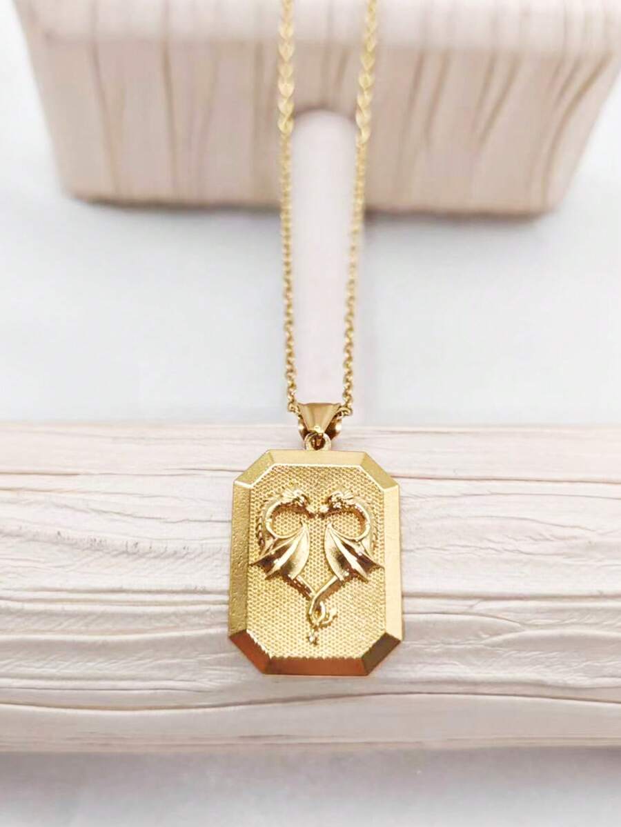 1pc Stainless Steel 18K Gold Plated Oil-Pressed 3D Portrait Dragon Pendant Necklace, Elegant Hip-Hop Personalized Necklace - Yellow Gold - View 1