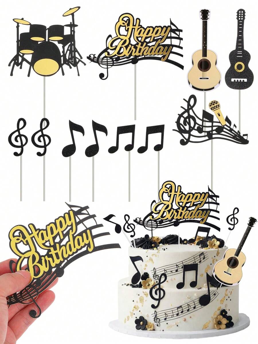 1 Set Music Cake Toppers, Musical Instruments And Notes Theme Cupcake Toppers, Suitable For Birthday, Musician Party, Welcome Party, Table Decor, Anniversary Supplies, Celebration Supplies, Theme Party Decoration