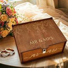 Caja de recuerdo de boda de madera vintage, caja de memoria con diseño MR & MRS con cerradura, regalo de despedida de soltera, caja de almacenamiento de tarjetas y fotos de boda - A - Ver 4