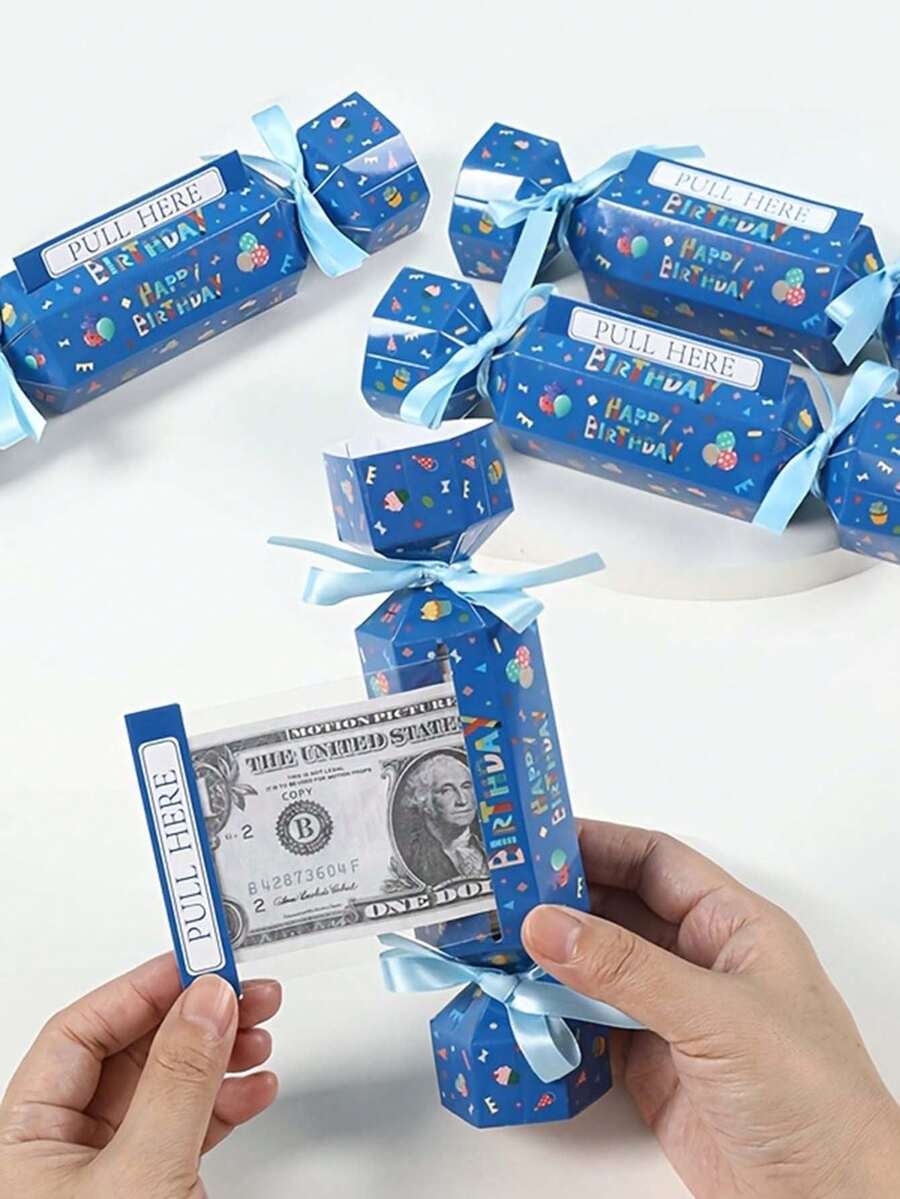 4個裝藍色生日糖果與金錢禮盒,附彩色緞帶拉環的驚喜現金禮物盒,紙製,適用於生日、婚禮、洗禮,多色,派對與儲蓄盒 - 查看 1
