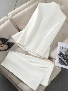 Women's Fashion Daily Commute Elegant White Suit Set (Gold Buttons) All Season New Workplace Two Pieces Set - White - View 2