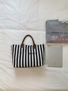 New Large Capacity Letter Decor Stripes Handbag, Multifunctional Commuter Tote Bag With Dual Handles For Women, Suitable For Commute,Beach Vacation - Black and White - View 9