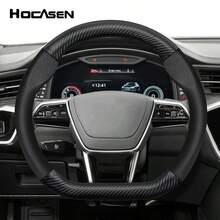 Hocasen Hao Ka Sen 透气打孔真皮方向盘套，碳纤维纹理拼接，D 型，适用于比亚迪/奥迪等车型，黑色、酒红色、摩卡色、橙色 - D-shaped - 查看 2