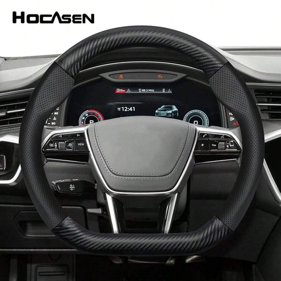 Hocasen Hao Ka Sen 透气打孔真皮方向盘套，碳纤维纹理拼接，D 型，适用于比亚迪/奥迪等车型，黑色、酒红色、摩卡色、橙色