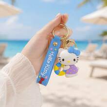 Miniso Sanrio Hello Kitty Cartoon Character Key Chain Holding Swim Ring Purple Polka Dot Dress Pendant Decor For Back To School Purse Handbag Accessory - Blue - View 1