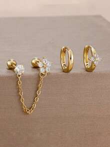 3pcs 18K Gold Plated Flower Zirconia Stainless Steel Stud Earrings, Sparkling Zirconia Flower Earring Set, Women's Cartilage Helix Double Hole Chain Piercing Earrings, Girls Gift Jewelry - Flower3 - View 11