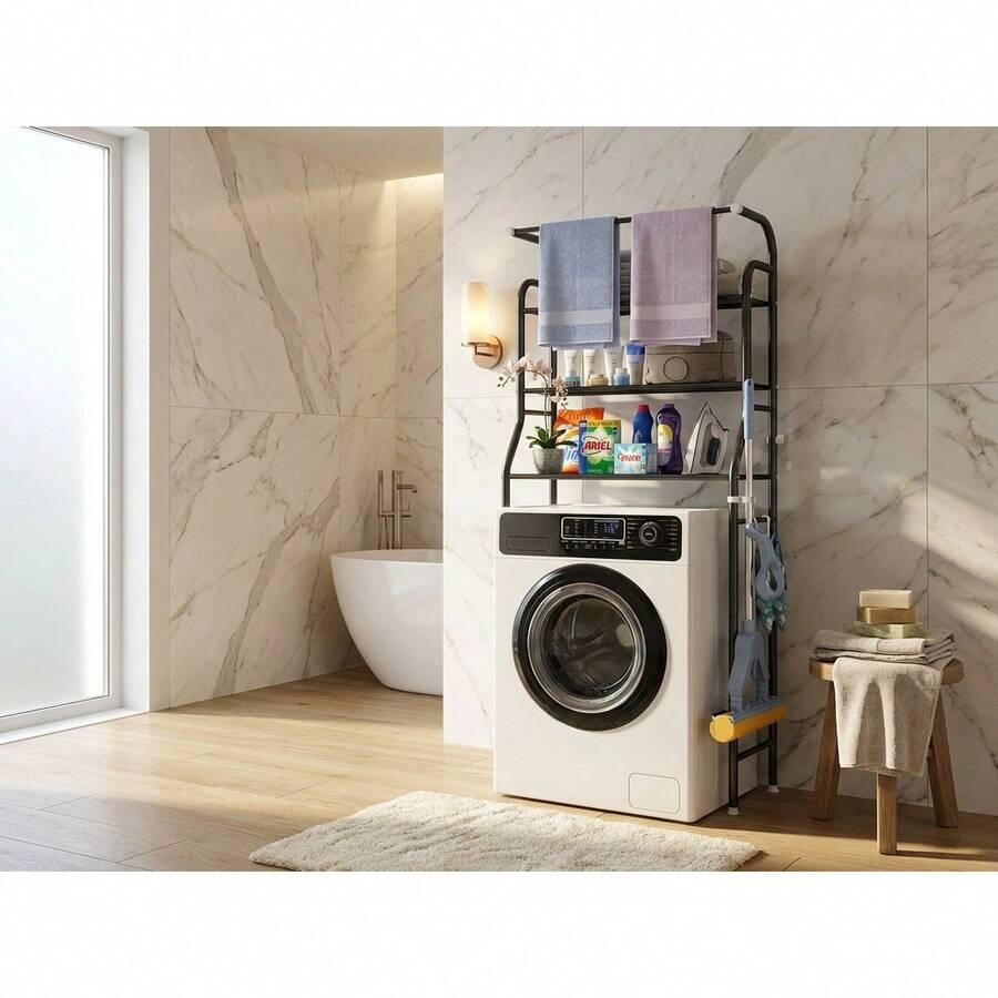 160x65x25cm Black Metal Laundry Shelf Organizer, Space-Saving Over-Washer Rack With Towel Bar - Black - View 1