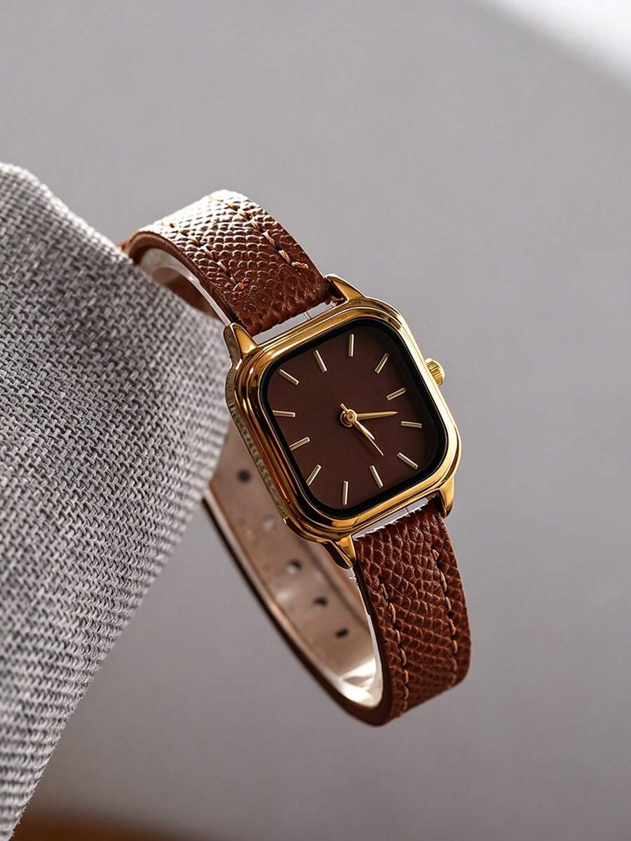 1pc Women's PU Strap, Exquisite Vintage Square Small Dial, Vintage British Style, Niche Luxury Fashion Quartz Watch, Suitable For Wearing On Holidays, Parties, Weddings, Back To School Season, Christmas, Thanksgiving, Halloween, Easter And Other Occasions, It Is The Best Gift For Women. - Brown - View 1