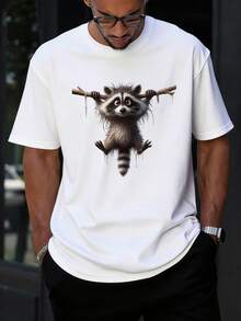 [New Products]Summer Men's Comfortable Breathable Round Neck Short Sleeve Solid Color Versatile Daily Casual T Shirt With Cute Hanging Raccoon Print - 白色 - 查看 3