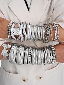 5/15/30pcs Punk Old Money Style Silver Flower Geometric Thick Bangle Set, Women's Beach Party Gift (Random Style) - Silver - View 2
