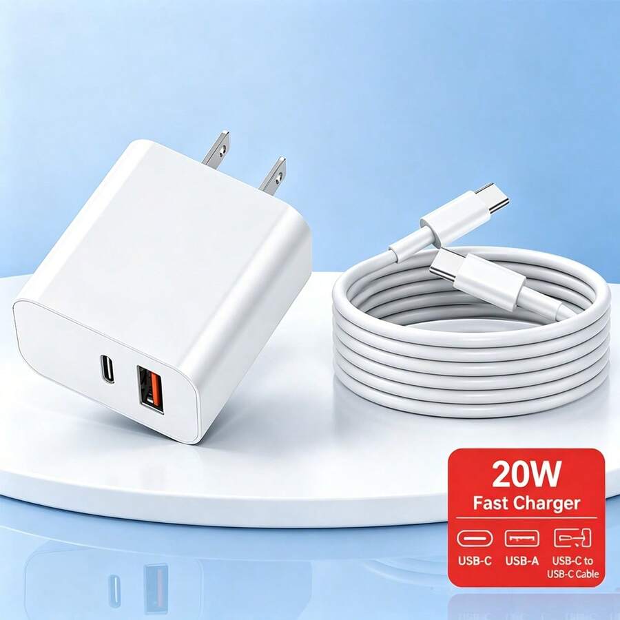 Adaptador de carga rápida de 20W con puerto dual USB A+C, cargador de pared USB Tipo-C, bloque de carga rápida duradero con cable de carga Tipo-C a Tipo-C de 6.6FT/200cm, compatible con kit de carga para iPhone 17/16/15 Pro Max Plus - Ver 1