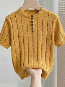 Women's Warm Yellow Short Sleeve Sweater, Cable Knit Pullover, Regular Length Knit Top, Ribbed Hem, Slightly Stretchy, Comfortable To Wear, Vintage Style, Suitable For Summer, Autumn - Yellow - View 2