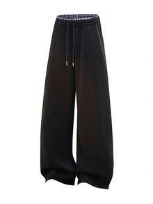 Men's Solid Color Retro Plaid Waistband Casual Long Pants, Street Dark Style Straight Leg Pants - Black - View 3