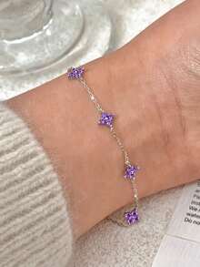 1pc New Fashion Silver Purple Zirconia Floral Chain Necklace Jewelry - Silver-purple Diamond - View 3
