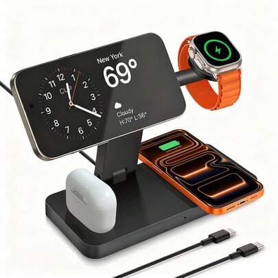 Travel Wireless Fast Charging Station, Foldable 4-In-1 Magnetic Wireless Charging Stand, Compatible With IPhone 17/Air/16/15/14/13/12 Pro Max/Plus, Compatible With Apple Watch Ultra/11/10/9/8/7/6/5/SE/4/3/2, Compatible With AirPods Pro/Pro 2/4/3/2