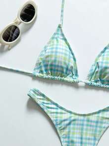 Baju Renang Wanita Motif Garis-Garis untuk Liburan, Cocok untuk Musim Panas di Kolam Renang hingga Pantai, Bikini Segitiga Mini Sehari-hari yang Menawan - Mint Green - View 5