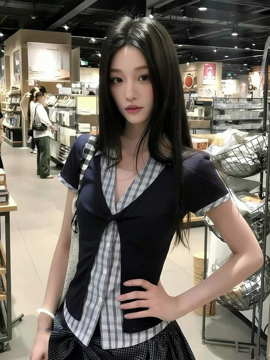 女士二合一格子短袖衬衫，修身翻领衬衫，带垫肩，学院风，适合初夏 - 藏蓝色 - 查看 1