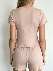 Elegant Pleated V-Neck Heart Hollow Out Short Sleeve Shorts Pajama Set For Women - Baby Pink - View 4