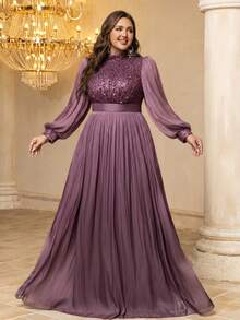 UNITHORSE Plus Women's Stand Collar Lantern Sleeve Sequins Patchwork Imitation Photocell Maxi Evening Dress Wedding Party - Purple - View 4